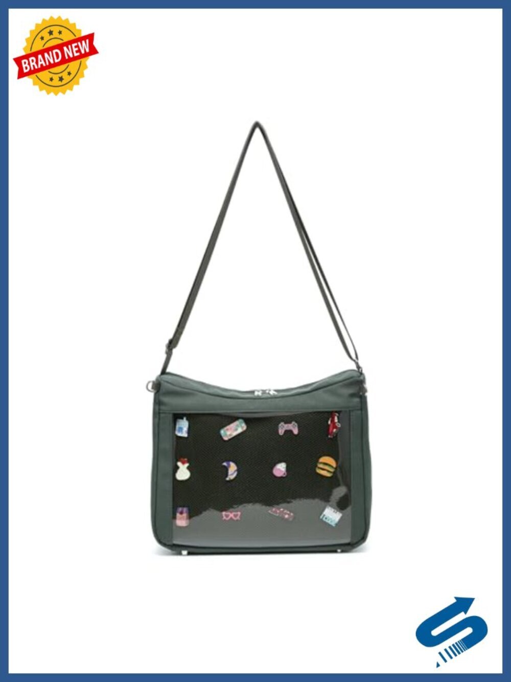 Canvas Crossbody Ita Bag with Clear Window for Pins, Adjustable Shoulder Strap,